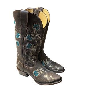 Silver Canyon Western Floral Boots 6 M Distressed Brown Embroidery Snip Toe NEW